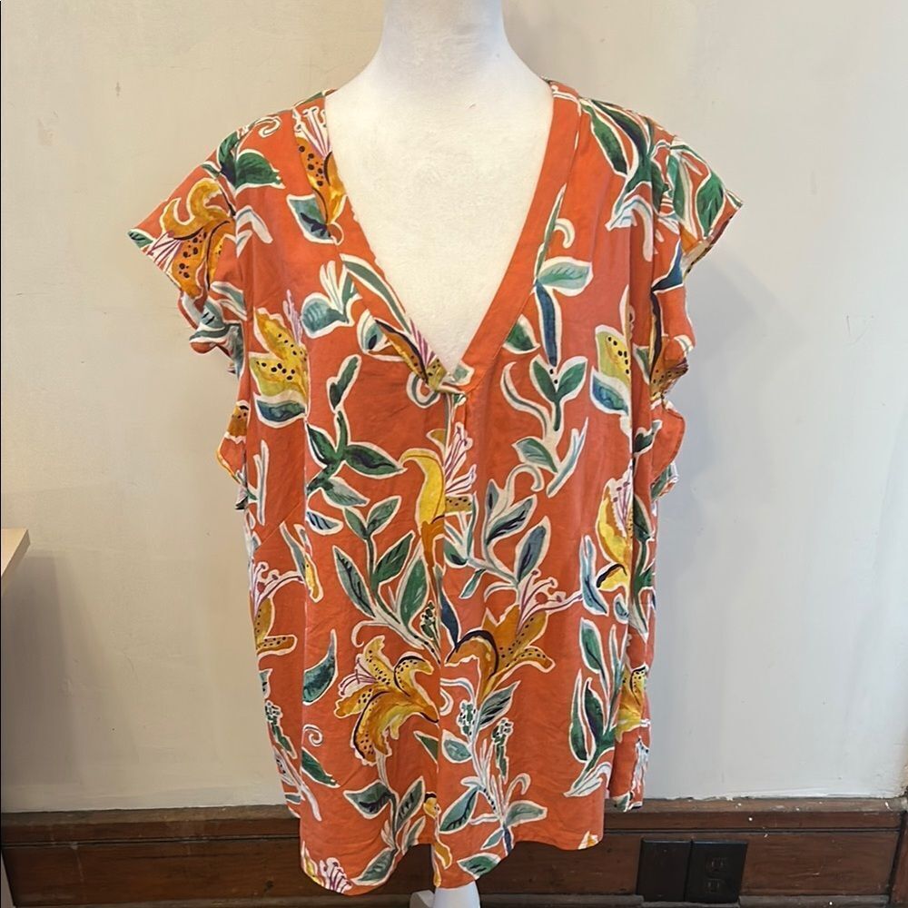 Rachel Rachel Roy Floral V-Neck Orange Ruffle cap sleeve blouse Size 2X New